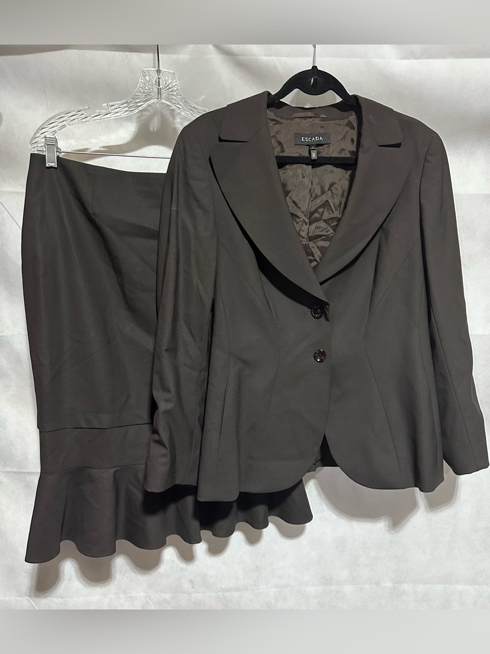 Vintage Escada Wool 2 Piece Suit Size 42 Skirt 44 Blazer Chocolate Brown Ruffle